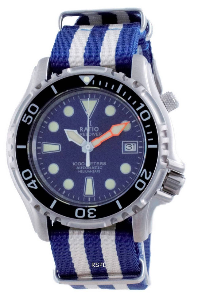 Ratio Free Diver Helium Safe Nylon Automatic Diver&#39,s 1066KE20-33VA-BLU-var-NATO2 1000M Herreur
