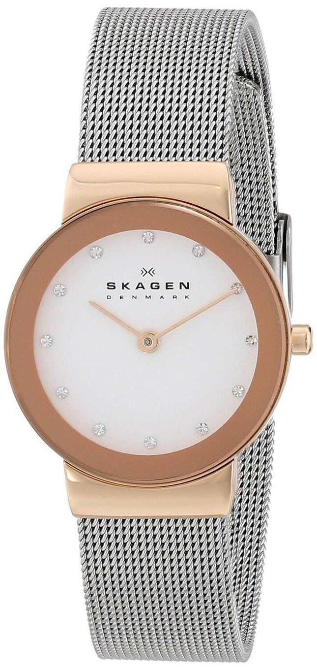 Skagen Freja hvide Dial Swarovski rustfrit stål Mesh armbånd 358SRSC kvinders ur