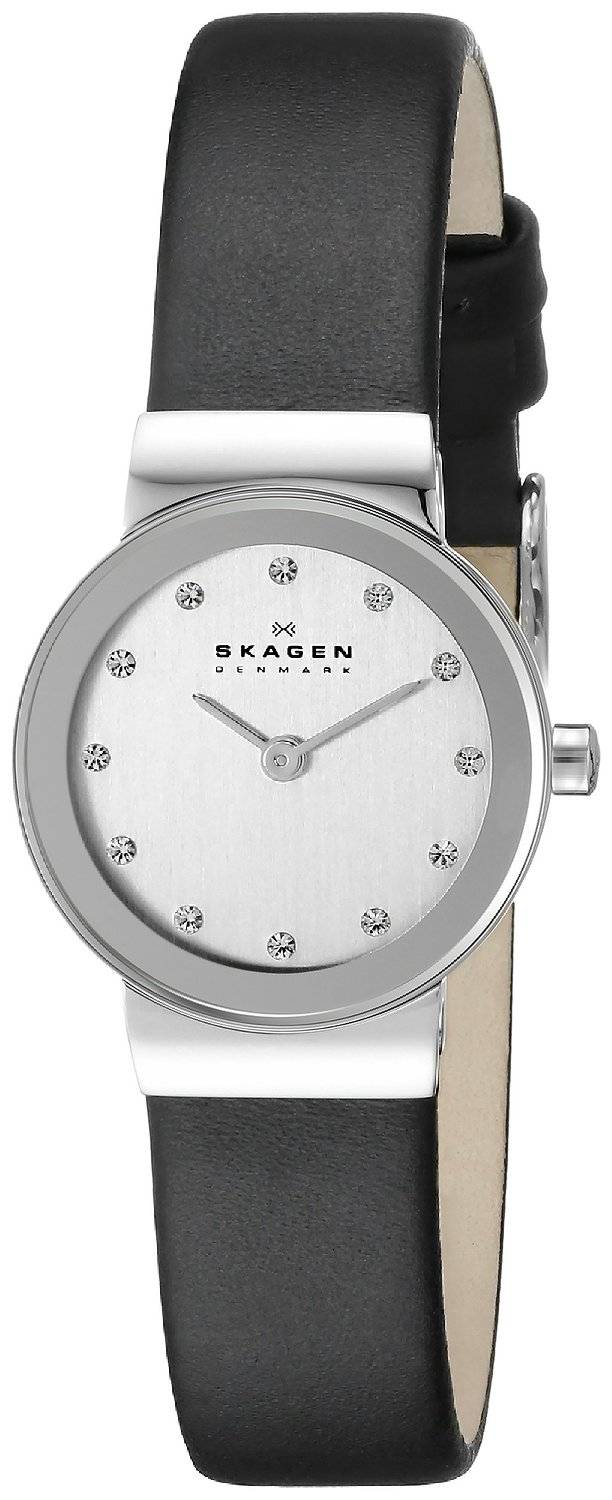 Skagen Freja Chrome Dial Swarovski krystal sort læder rem 358XSSLBC kvinders ur