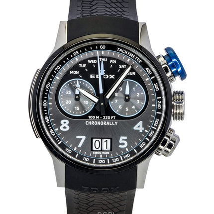 Edox Chronorally Kronograf Gummirem Grå Skive Quartz 38003-TINBU-GNBU 100M Herreur