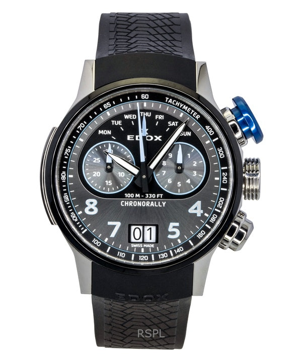 Edox Chronorally Kronograf Gummirem Grå Skive Quartz 38003-TINBU-GNBU 100M Herreur