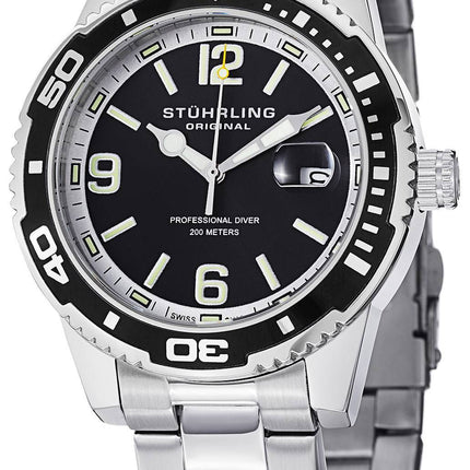Stuhrling Original Regatta Aquadiver 200M schweizisk Quartz Black Dial 415.01 Herreur
