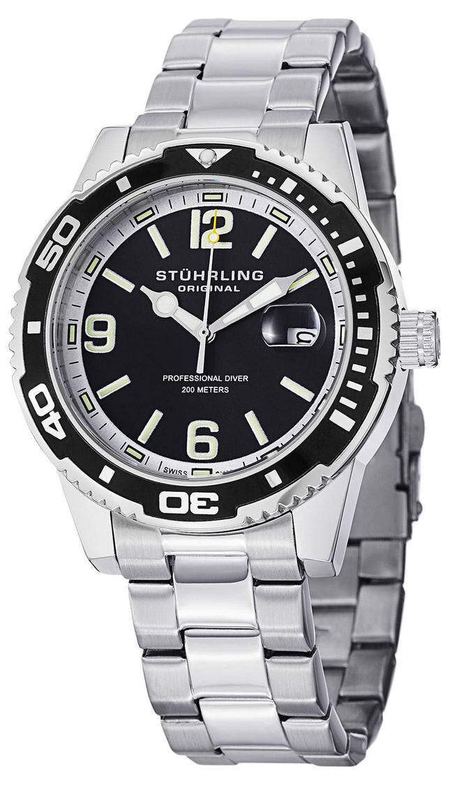 Stuhrling Original Regatta Aquadiver 200M schweizisk Quartz Black Dial 415.01 Herreur
