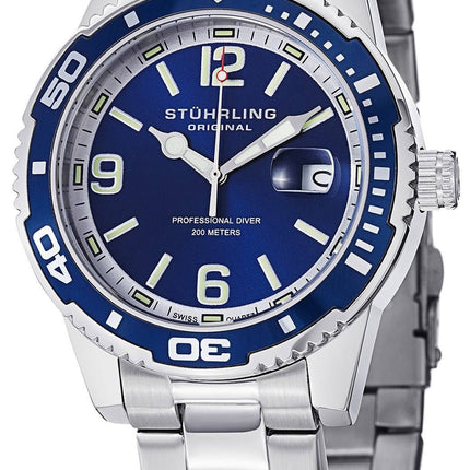 Stuhrling Original Regatta Aquadiver 200M schweiziske kvarts blå urskive 415.02 Herreur