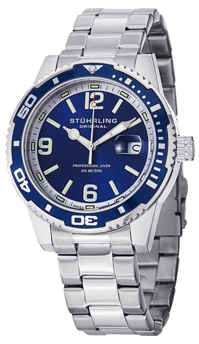 Stuhrling Original Regatta Aquadiver 200M schweiziske kvarts blå urskive 415.02 Herreur