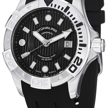 Stuhrling Original Aqua Diver Manta Ray schweizisk Quartz Black Dial 718.02 Herreur