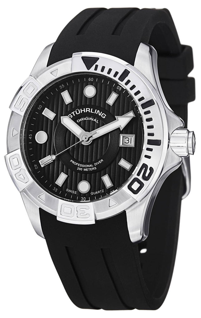 Stuhrling Original Aqua Diver Manta Ray schweizisk Quartz Black Dial 718.02 Herreur