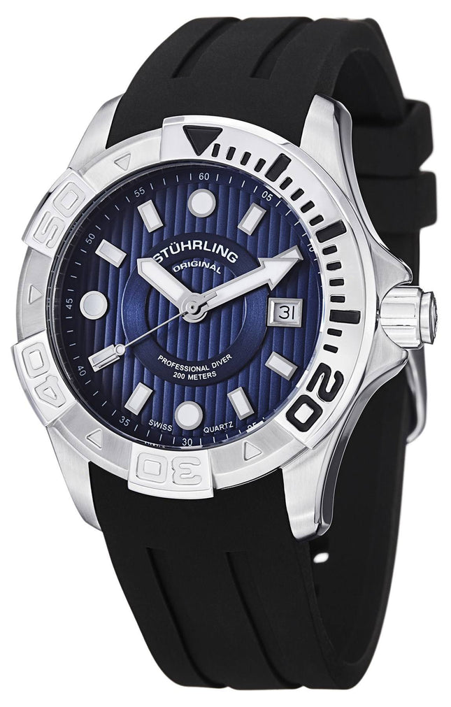 Stuhrling Original Aqua Diver Manta Ray schweizisk Quartz Black Dial 718.03 Herreur