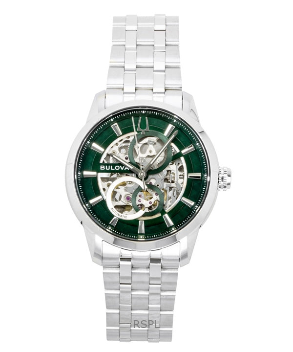 Bulova Sutton rustfrit stål grønt skelet automatisk 96A329 herreur