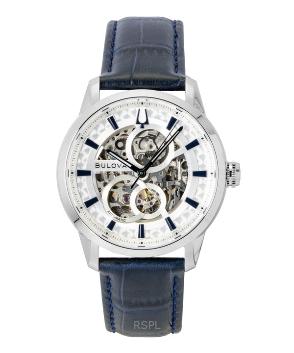 Bulova Sutton læderrem sølv skelet automatisk 96A330 herreur