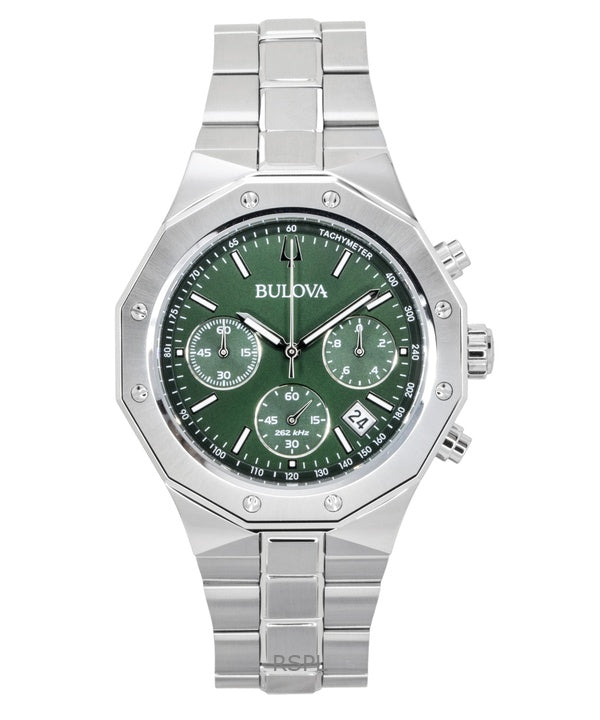 Bulova Octagon Prestige Chronograph Rustfrit Stål Grøn Skive Quartz 96B409 100M Herreur