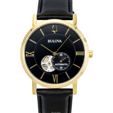 Bulova American Clipper læderrem åben hjerte sort urskive automatisk 97A154 herreur