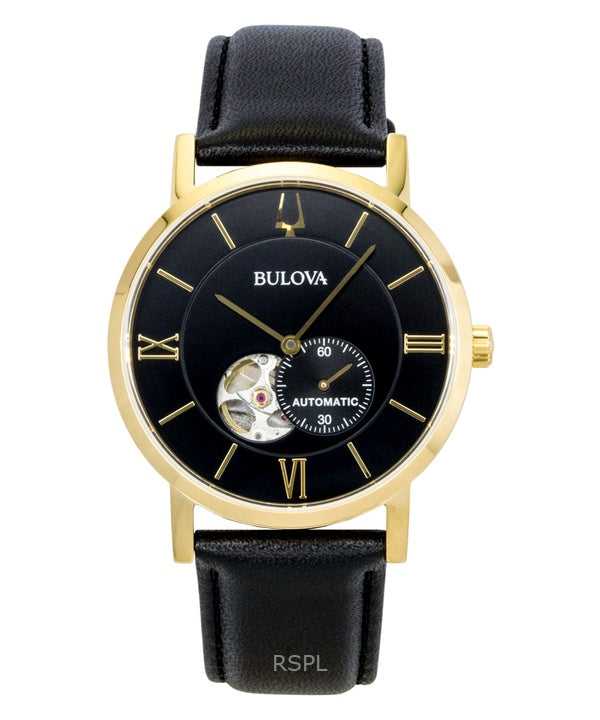 Bulova American Clipper læderrem åben hjerte sort urskive automatisk 97A154 herreur