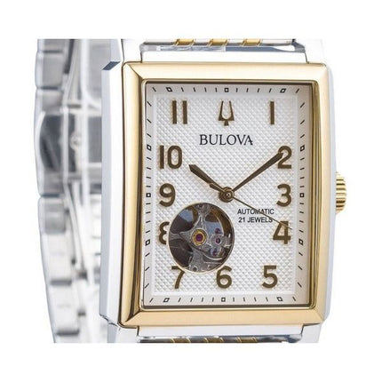 Bulova Sutton Tofarvet rustfrit stål åbent hjerte sølvskive automatisk 98A308 herreur