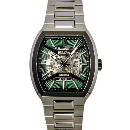 Bulova Maquina rustfrit stål grøn skelet urskive automatisk 98A321 herreur