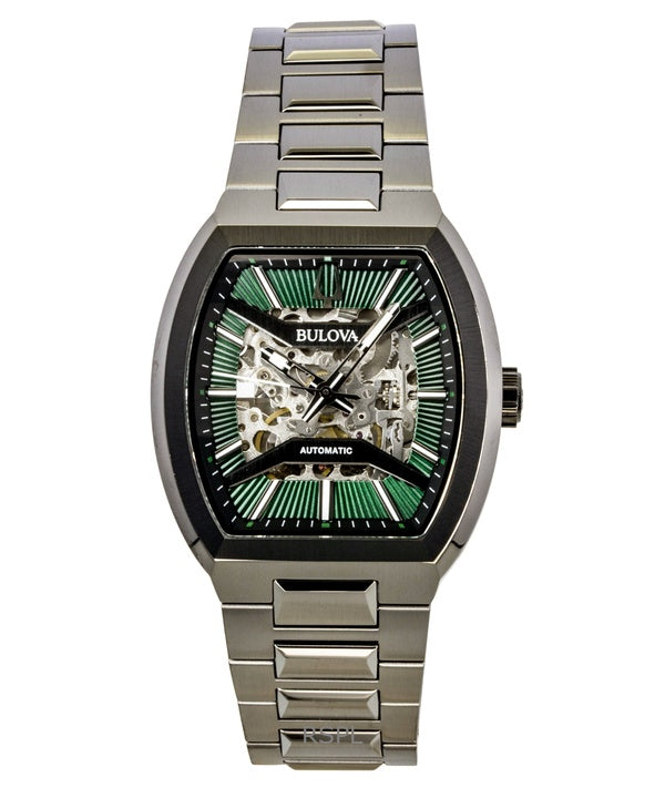 Bulova Maquina rustfrit stål grøn skelet urskive automatisk 98A321 herreur