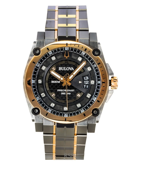 Bulova Precisionist diamant rustfrit stål sort urskive kvarts dykkerur 98D149 300M herreur