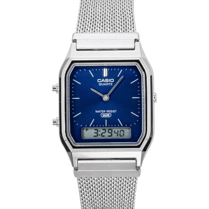 Casio Vintage Analog Digital Rustfrit Stål Mesh Armbånd Blå Skive Quartz AQ-230EM-2A Unisex Ur
