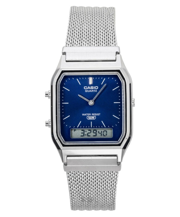 Casio Vintage Analog Digital Rustfrit Stål Mesh Armbånd Blå Skive Quartz AQ-230EM-2A Unisex Ur