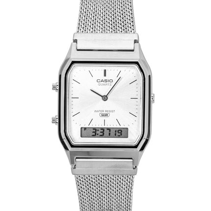 Casio Vintage Analog Digital Rustfrit Stål Mesh Armbånd Sølv Skive Quartz AQ-230EM-7A Unisex Ur
