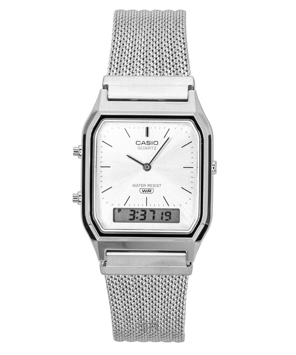 Casio Vintage Analog Digital Rustfrit Stål Mesh Armbånd Sølv Skive Quartz AQ-230EM-7A Unisex Ur