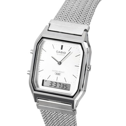 Casio Vintage Analog Digital Rustfrit Stål Mesh Armbånd Sølv Skive Quartz AQ-230EM-7A Unisex Ur