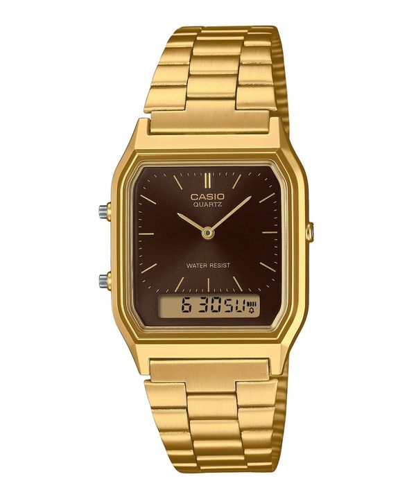 Casio Vintage Analog Digital Guld Tone Rustfrit Stål Brun Urskive Quartz AQ-230GA-5A Unisex Ur