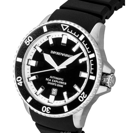 Emporio Armani Sea Explorer silikone rem sort urskive dykkerautomatik AR60086 200M herreur