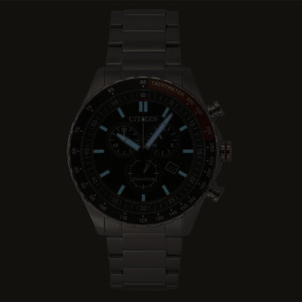 Citizen Eco-Drive kronograf rustfrit stål sort urskive solcelle AT2566-88E 100M herreur