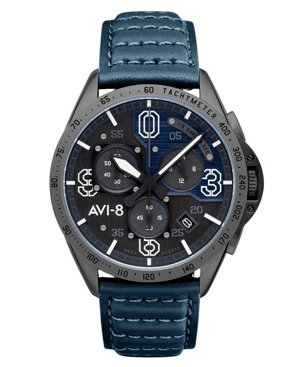 AVI-8 P-51 Mustang Blakeslee Chronograph Air Blue Læderrem Grå og blå skive Quartz AV-4077-04 herreur