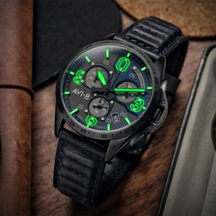 AVI-8 P-51 Mustang Blakeslee Chronograph Air Blue Læderrem Grå og blå skive Quartz AV-4077-04 herreur