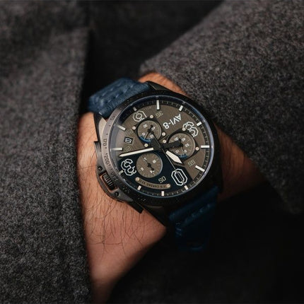 AVI-8 P-51 Mustang Blakeslee Chronograph Air Blue Læderrem Grå og blå skive Quartz AV-4077-04 herreur