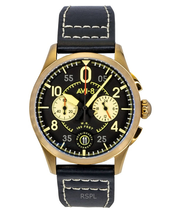 AVI-8 Spitfire Lock Chronograph Void sort læderrem sort urskive kvarts AV-4089-07 herreur