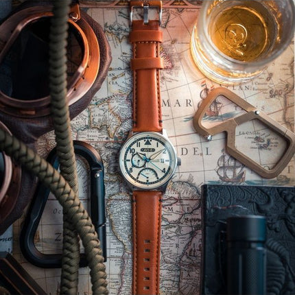 AVI-8 Hawker Hurricane Mckellar Dual Time Brun Beige Læderrem Creme Urskive AV-4101-0C Quartz herreur med ekstra rem