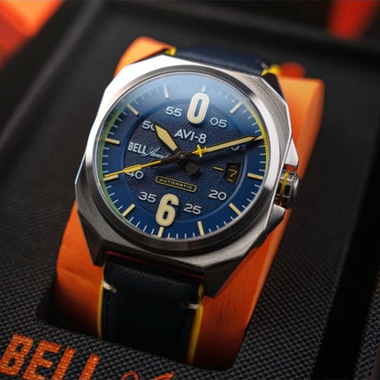 AVI-8 Bell X-1 Machbuster automatisk Catalina blå læderrem Blue Dial AV-4115-03 herreur