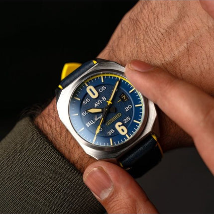 AVI-8 Bell X-1 Machbuster automatisk Catalina blå læderrem Blue Dial AV-4115-03 herreur