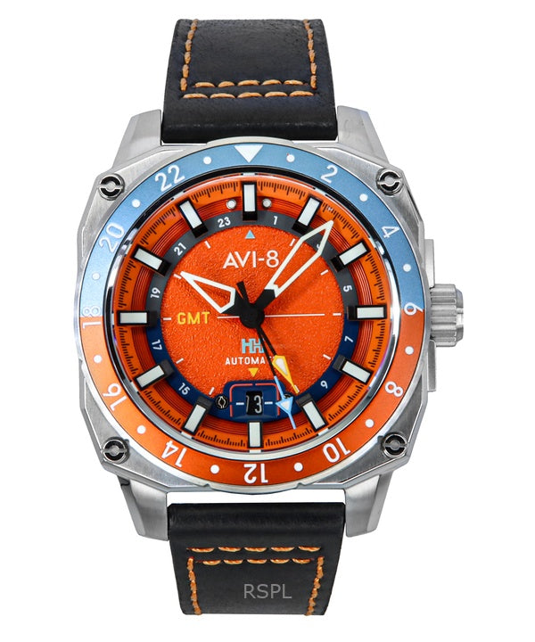 AVI-8 Hawker Hunter Atlas GMT Orange rød læderrem Orange Urskive Automatisk AV-4122-06 herreur
