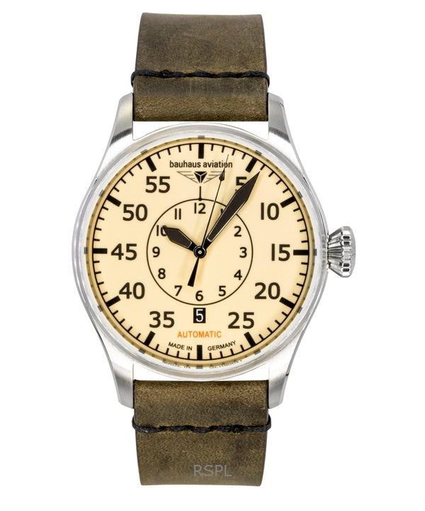 Bauhaus Aviation læderrem beige urskive automatisk 27565 herreur