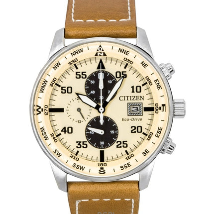 Citizen Eco-Drive Aviator Chronograph læderrem beige urskive CA0880-15X 100M herreur