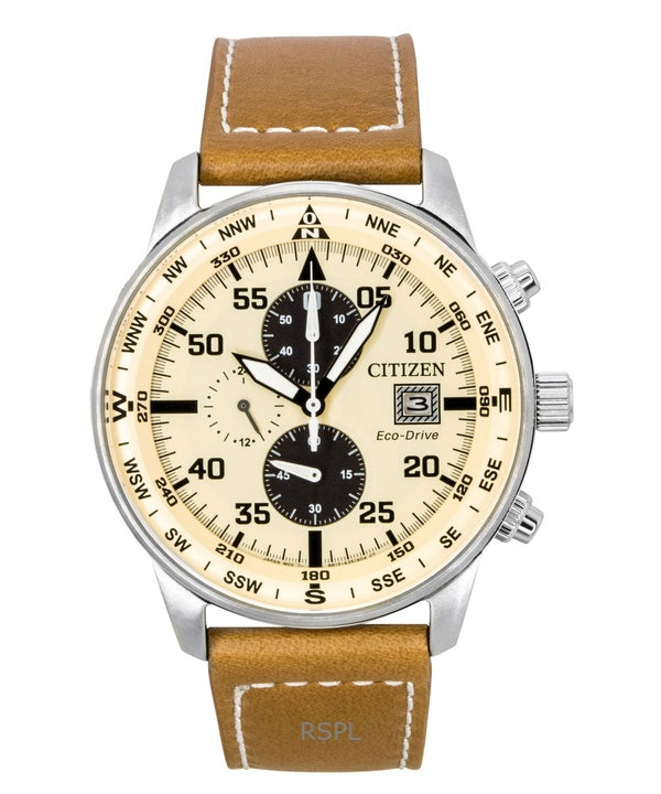 Citizen Eco-Drive Aviator Chronograph læderrem beige urskive CA0880-15X 100M herreur