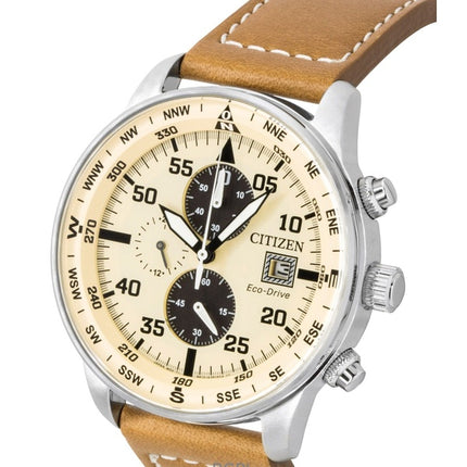 Citizen Eco-Drive Aviator Chronograph læderrem beige urskive CA0880-15X 100M herreur