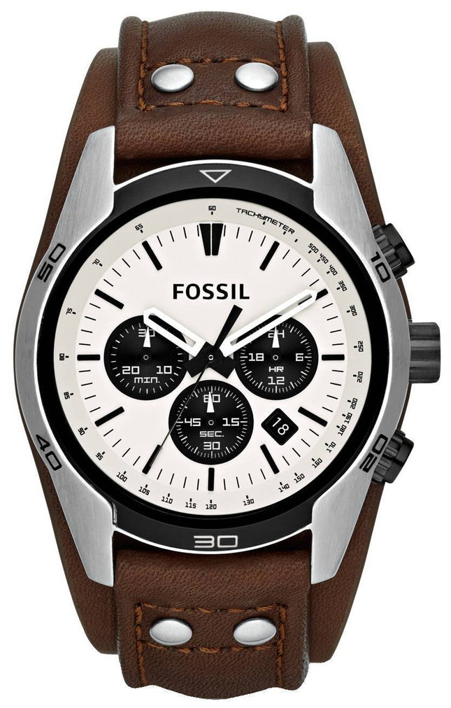 Fossile Coachman Chronograph hvide Dial brun læder CH2890 Herreur