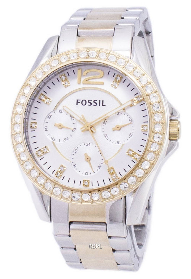 Fossile Riley multifunktions sølv og guld Tone Crystal Dial ES3204 kvinders ur