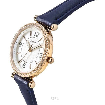 Fossil Carlie Crystal Accents Sølv Urskive Navy LiteSkjul Læder Quartz ES5295 Dameur