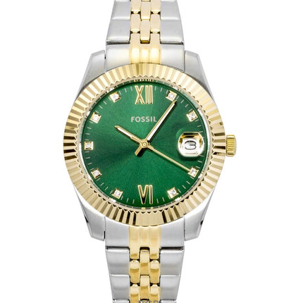 Fossil Scarlette Two Tone Stainless Steel Crystal Accents Green Dial Quartz ES5388 Women's Watch