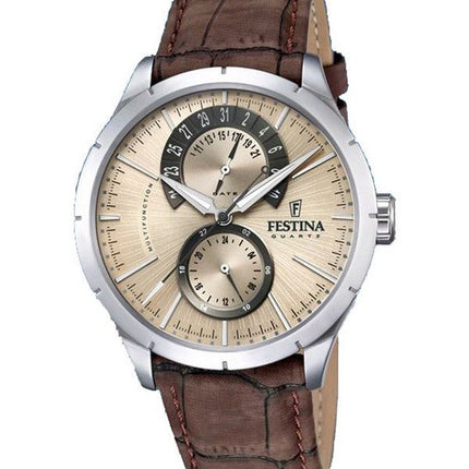 Festina Retro Læderrem Multifunktion Beige Urskive Quartz F16573-9 herreur