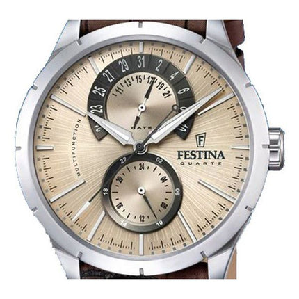 Festina Retro Læderrem Multifunktion Beige Urskive Quartz F16573-9 herreur