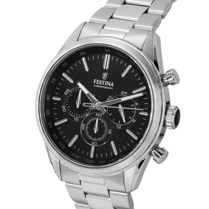 Festina tidløs kronograf rustfrit stål sort urskive kvarts F16820-4 100M herreur