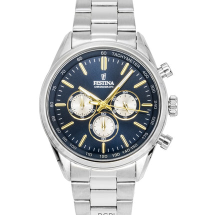 Festina tidløs kronograf rustfrit stål blå urskive kvarts F16820-C herreur