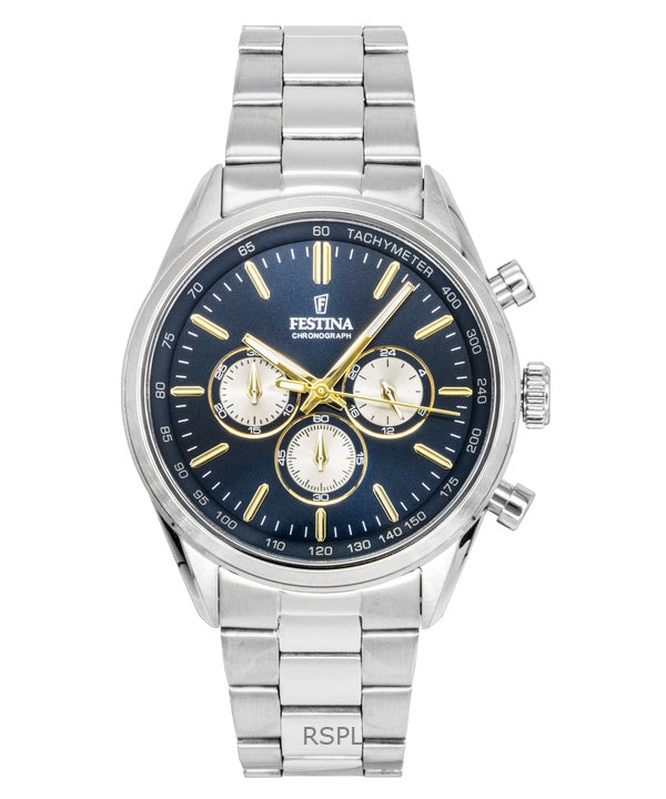 Festina tidløs kronograf rustfrit stål blå urskive kvarts F16820-C herreur